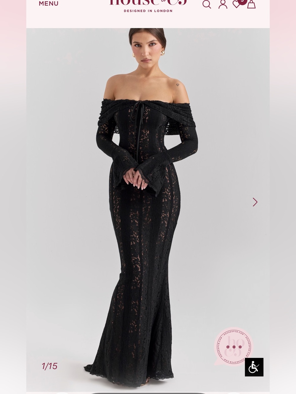 House of CB Belle Black Off Shoulder Floral Lace Maxi Dress XS